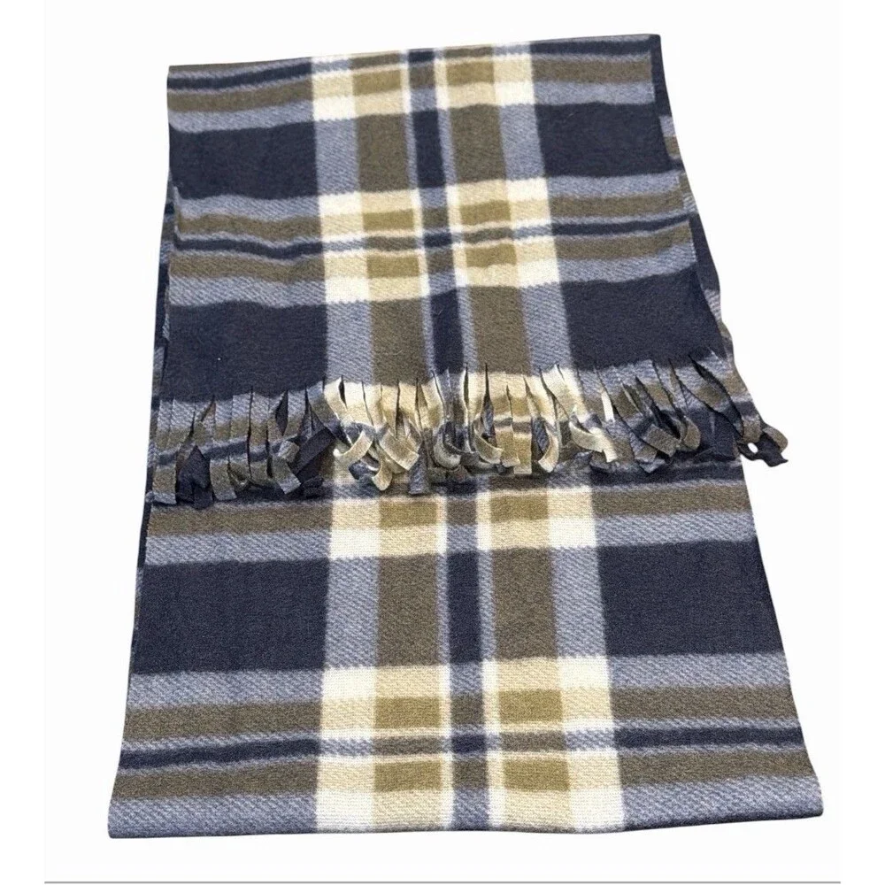 Old Navy Mens Plaid Flannel Scarf One Size Blue White Plaid Fringe 10x52